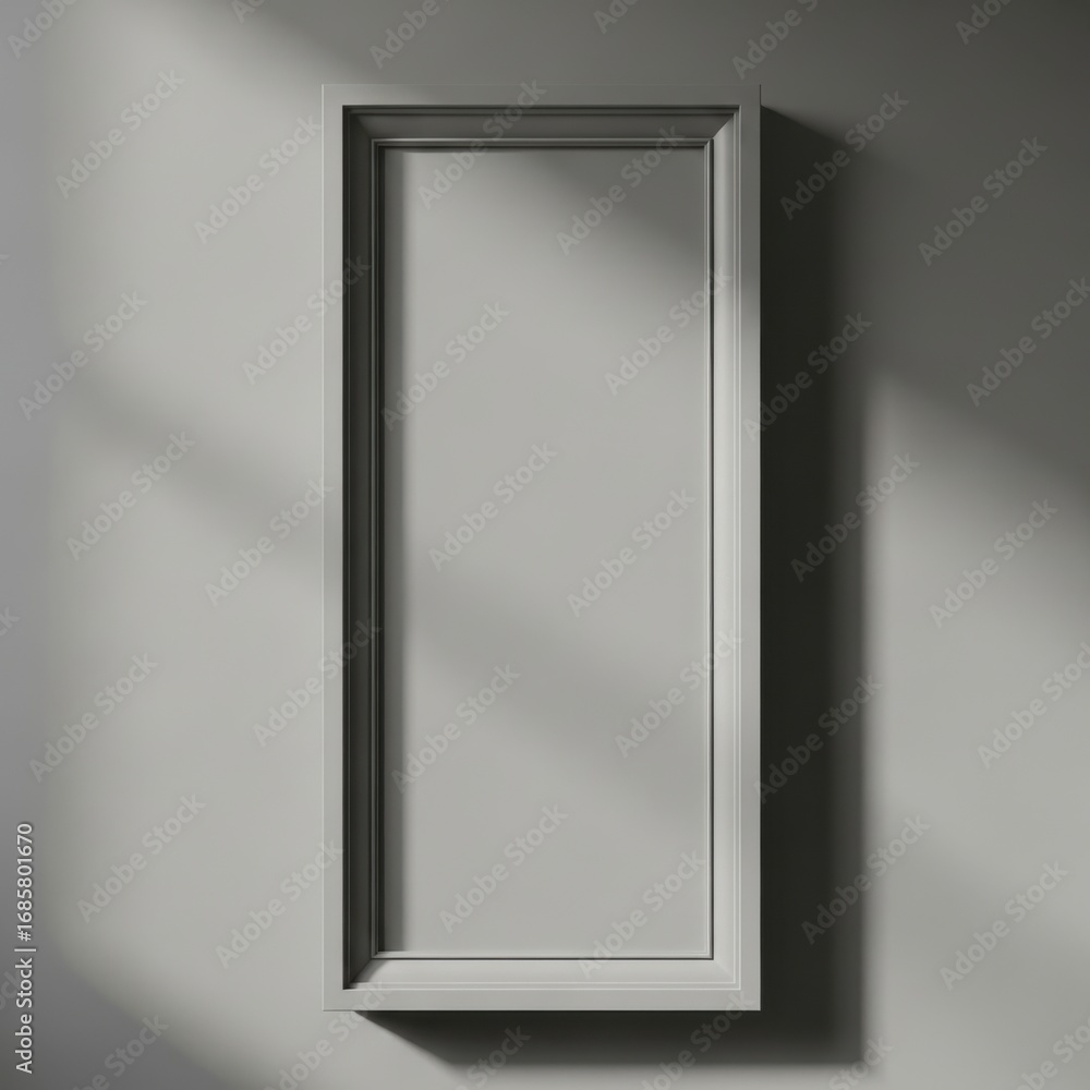 Poster a tall rectangular mirror with a subtle frame casts a shadow on a plain wall isolated on white backg