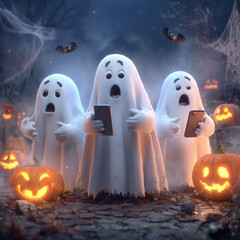 Halloween celebration, ghosts, Halloween, Halloween greeting cards, pumpkin, candy carriage, witch,ghost with phone, ghost with laptop, ghost working on Halloween