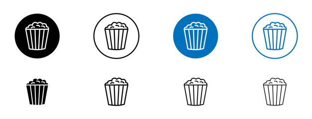 Popcorn icons set in black and blue colors on white background