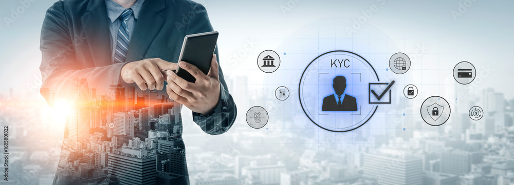Poster digital kyc verification with biometric scan, id authentication, and financial security icons repres