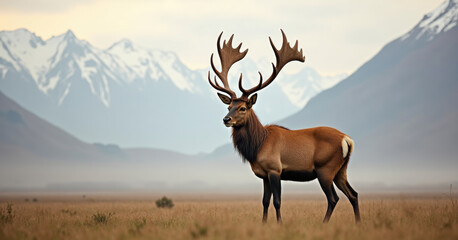 Fototapeta premium A Kashmir stag standing in open valley clearing with snowy peaks in distance