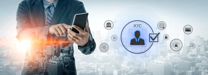 Digital KYC verification with biometric scan, ID authentication, and financial security icons...