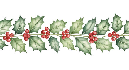 Fototapeta premium Classic Holly Leaves with Berries Illustration — Detailed Watercolor Holly Sprig Featuring Two Glossy Green Leaves and Cluster of Shiny Red Berries — Traditional Christmas Motif for Cards, Gift Wrap, 