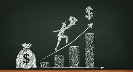 Financial success illustrated on chalkboard with businessman climbing upward towards money goals
