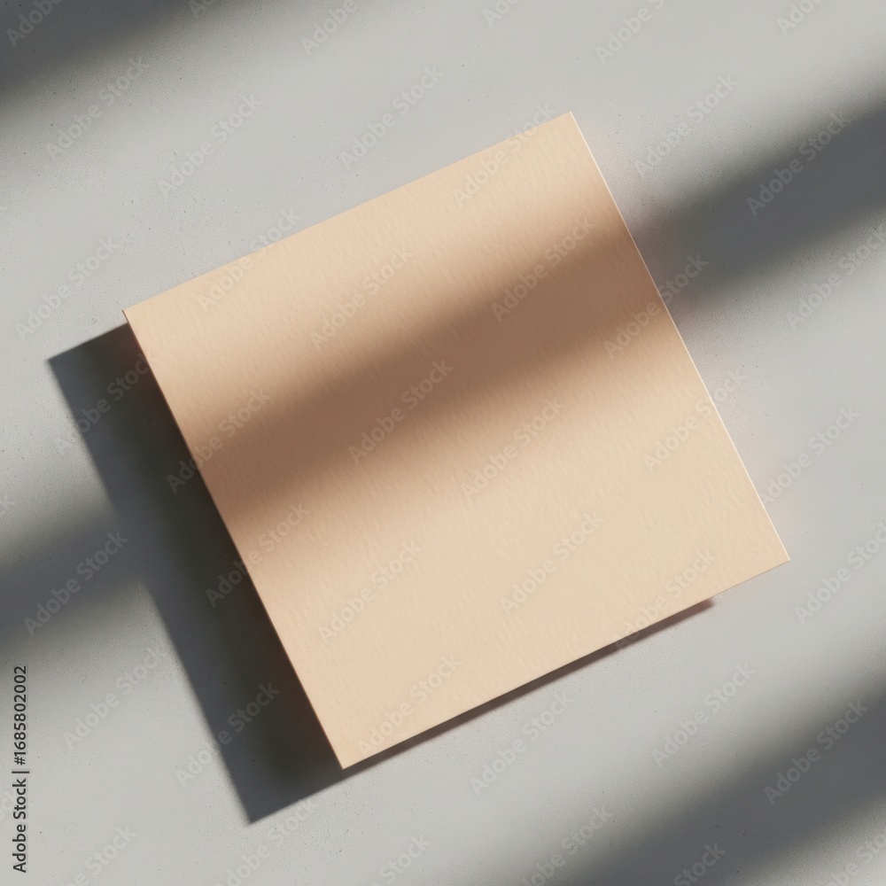 Poster a single light brown square card casting a shadow with diagonal light stripes on a white background 