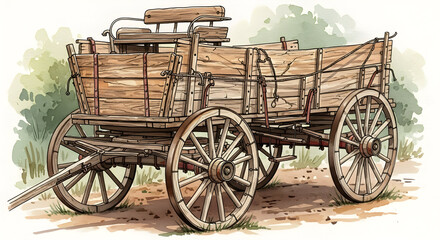 Fototapeta premium Rustic Wooden Wagon Watercolor — Hand-Painted Antique Farm Wagon or Cart in Soft Watercolor with Weathered Wood Planks, Spoked Wheels and Country Path Background — Vintage Western, Farm Decor, Signage