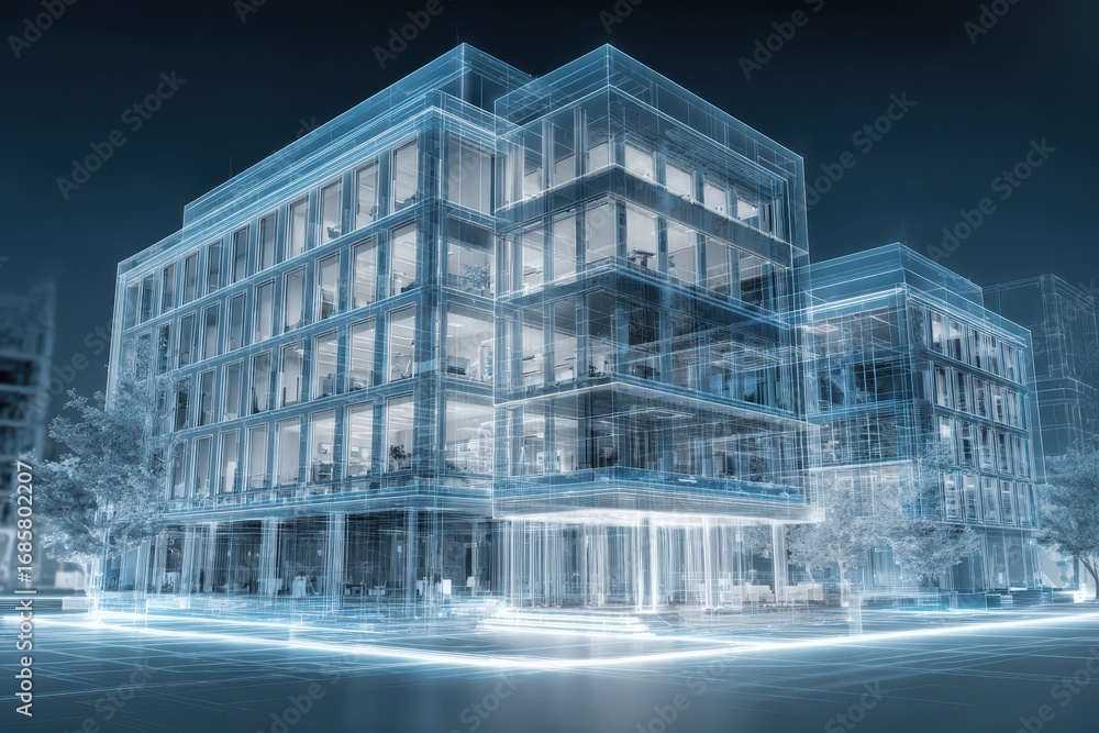 Poster digital blueprint design of a futuristic office building with holographic elements showcasing innova