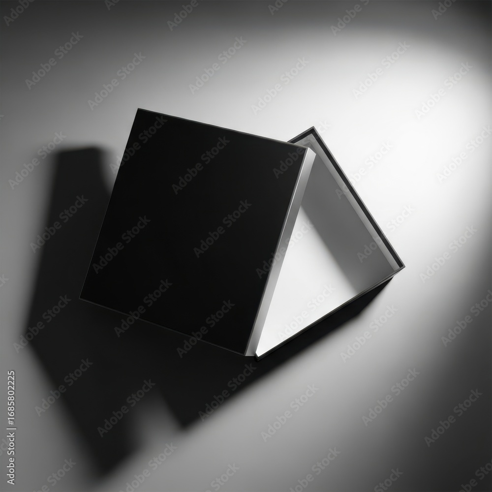 Poster a stark black open box casting a dramatic shadow isolated on a clean white background isolated on wh
