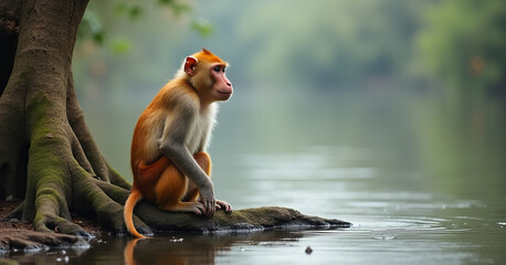 Proboscis monkey perched on a tree root beside a calm river