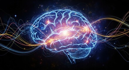 A conceptual illustration of a human brain with glowing neural pathways and flowing energy waves.