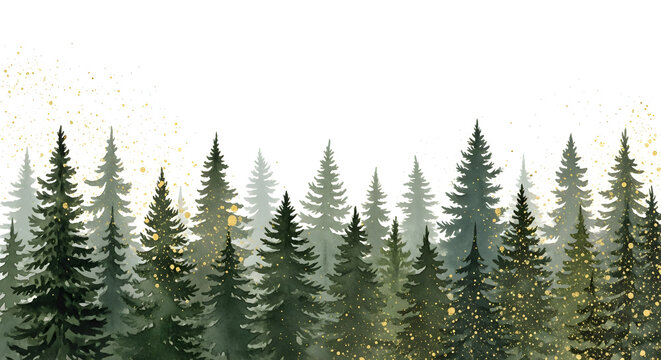 Evergreen Forest Border with Gold Speckles &mdash; Layered Pine Tree Silhouette Landscape in Watercolor Greens with Gold Confetti Accents and Fading Depth &mdash; Elegant Winter Forest Background for Holiday Card