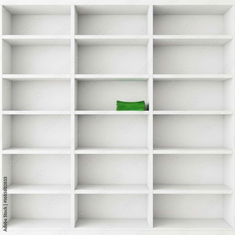 Poster empty white modern bookshelf with one green book on a shelf isolated on white background