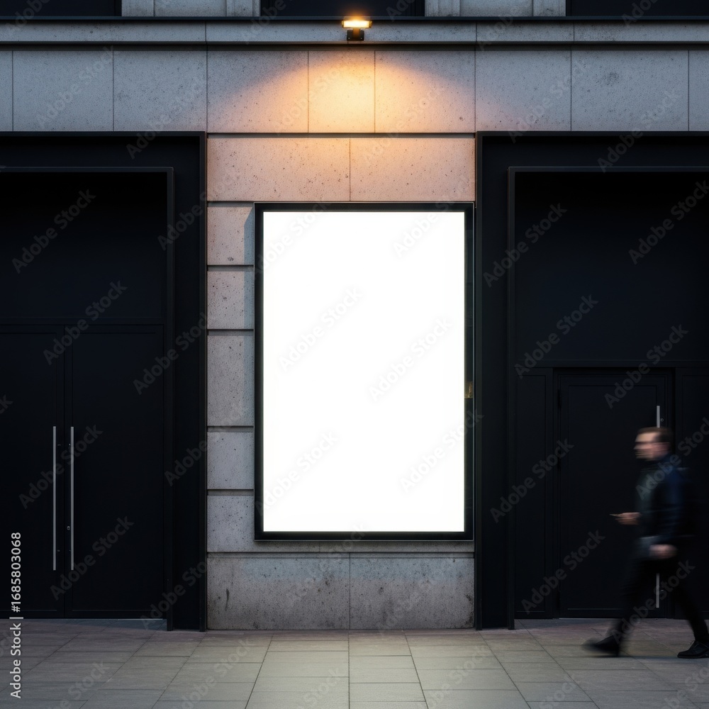 Poster illuminated blank poster display mounted on a textured building facade with a person walking past is