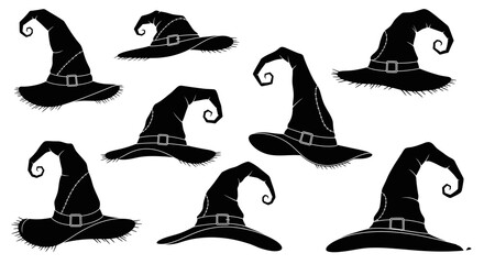 Obraz premium Vector art of collection of black witch hats with different designs for halloween celebration