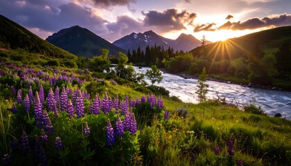 Picturesque mountain valley scene, river flows through lush fields of wildflowers at sunset