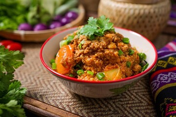 Spicy Northern Thai Pork with Tomato,Northern thai chilli dip,thai called Nam prik ong , lanna cuisine, northern thai food