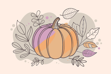 Playful Autumn Illustration Featuring a Pumpkin and Colorful Leaves