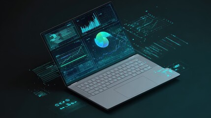 High-tech laptop displaying data analysis with graphs and digital interfaces in a dark space