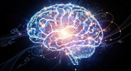 Obraz premium Digital representation of a human brain, highlighting neural connections and complex processes.