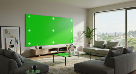 Modern living room with comfortable gray sofas and a large green screen TV for customizable video content