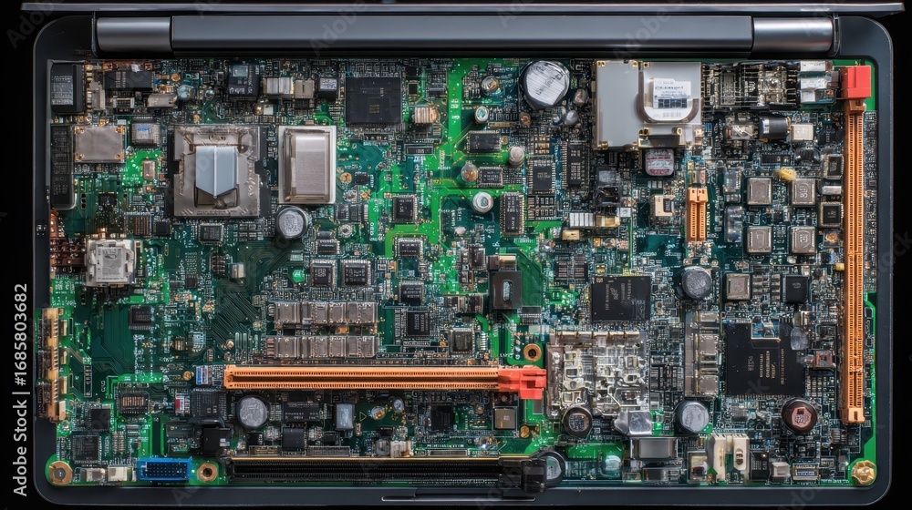 Poster detailed view of a laptop motherboard showcasing various components and circuits in a close-up arran