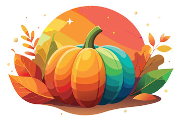 Playful Autumn Illustration Featuring a Pumpkin and Colorful Leaves