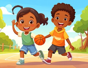 Two kids playing basketball outdoors