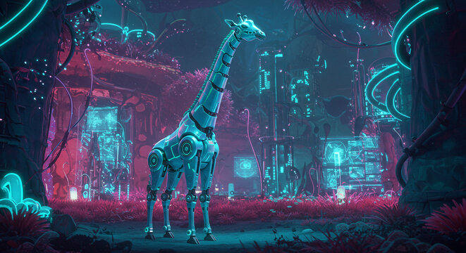 Futuristic giraffe robot standing tall in neon-lit cyber jungle, a vibrant display of technology and nature