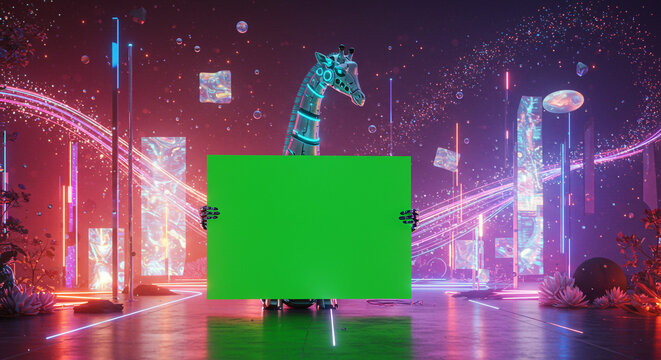 Futuristic chrome giraffe robot holding chroma key sign in vibrant neon cyber landscape for creative promotions