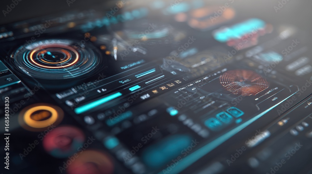 Poster futuristic digital interface showcasing advanced technology features and interactive controls for us