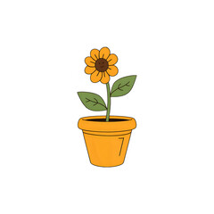 Vibrant Sunflower in Pot: Minimalist Botanical Illustration, Yellow Flower Art, Plant Design Element