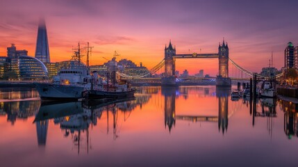 Fototapeta premium Sunset view of Tower Bridge reflecting in the Thames River with city skyline in London