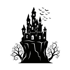 Vector art of spooky castle silhouette, perched atop a craggy cliff with gnarled trees and bats