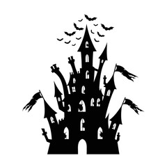 Vector art of silhouette of a spooky haunted castle with bats and flags halloween concept