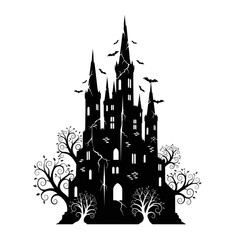 Obraz premium Vector art of silhouette of a spooky haunted castle with bats and bare trees halloween concept