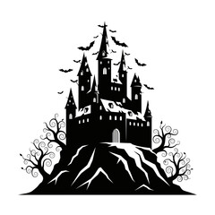 Obraz premium Vector art of silhouette of a spooky haunted castle on a hill with bats flying around