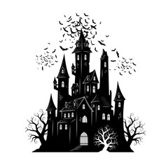 Fototapeta premium Vector art of dark silhouette of a haunted castle with bats flying around for halloween night