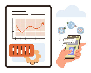 Graph with upward trendline, control settings panel, hand holding smartphone for secure code confirmation. Ideal for finance, technology, security, progress, analytics innovation banking. Simple