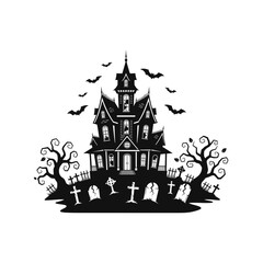 Vector art of silhouette of a spooky haunted house with bats flying around and tombstones