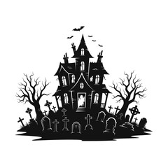 Vector art of mysterious haunted house silhouette with tombstones, bats, and gnarled trees for halloween