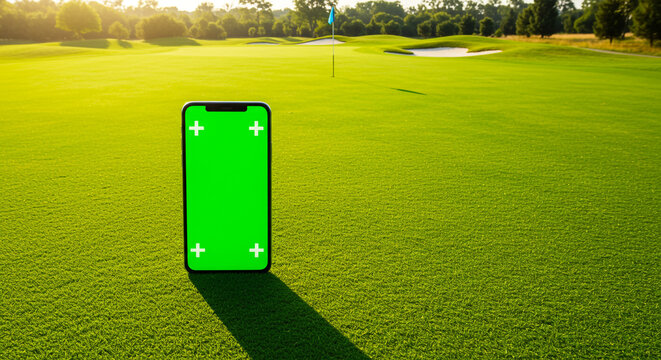 Green screen phone mockup on lush golf course offers modern app advertising potential for sports tech
