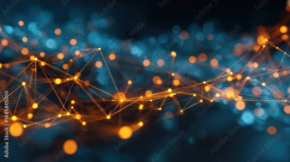 Poster digital network connections illuminated by glowing nodes and vibrant blue tones in an abstract setti