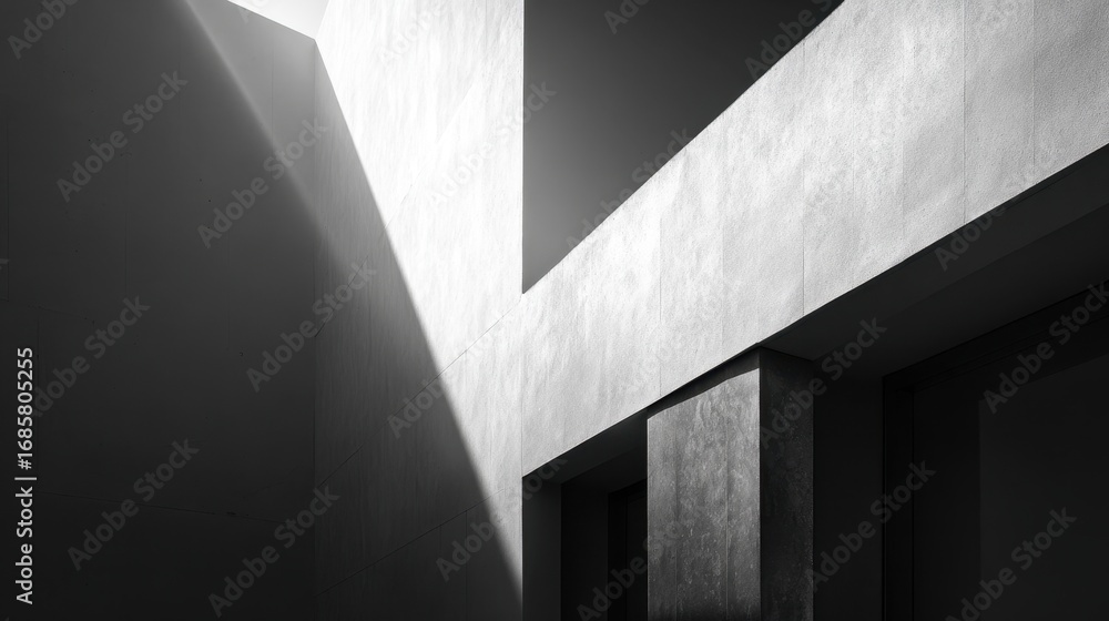 Poster modern architectural design featuring sharp angles and contrasting light in a monochrome setting