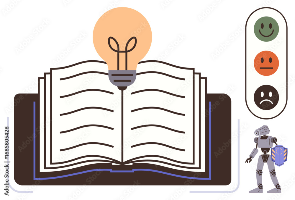 Poster open book with glowing lightbulb symbolizing knowledge and ideas, emotions indicator reflecting user