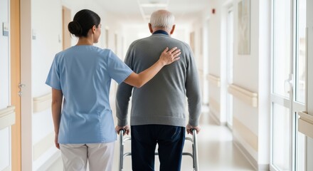 Fototapeta premium nurse assisting senior man walking with a walker in a hospital hallway