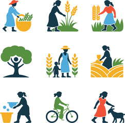 Naklejka premium Female Farmers Vector Art: Agriculture, Harvesting, and Rural Life Icons