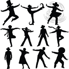Silhouettes of Energetic Dancers in Various Poses Wearing Hats, Perfect for Western, Jazz, Party, or Theater Dance Concepts