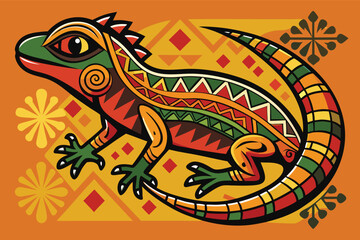 Colorful lizard illustration inspired by traditional art in a vibrant setting