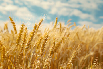 Fototapeta premium Golden Wheat Field Scenery: Sustainable Organic Farm Crops Under Sunny Blue Sky