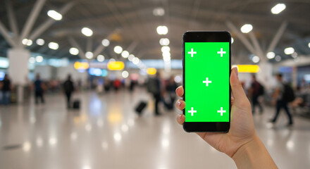 Person holding smartphone with green screen in busy airport terminal showing travel plans